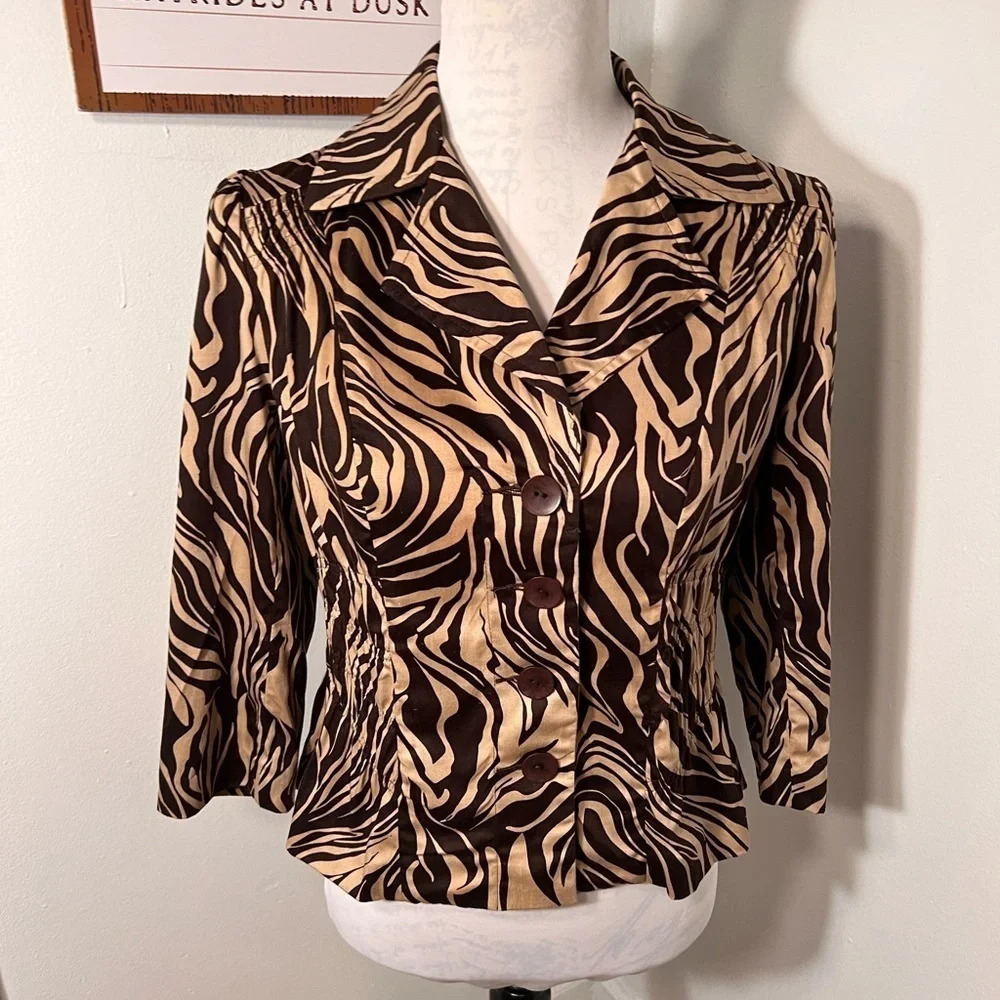 SLB Petite Zebra Print Blazer Brown Tan Smocked Back 3/4‎ Sleeve Jacket Size 4P